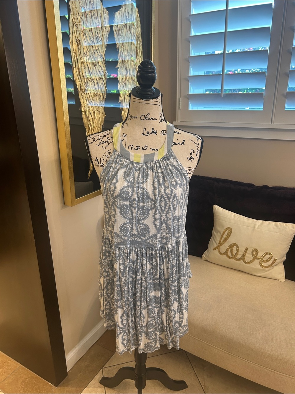 Tiered Halter Mini Dress in Blue and Gray Print